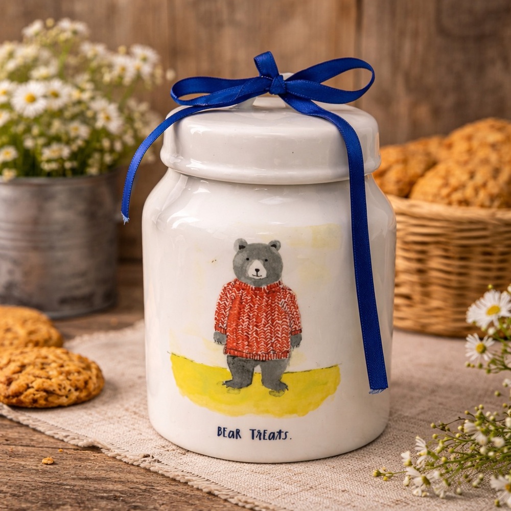 Rae‎ Dunn Bear Canister Rustic Farmhouse Bear Treat Jar Ceramic Cookie Canister